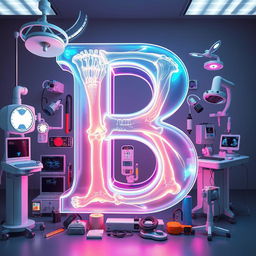 A vibrant and artistic representation of the letter 'B' rendered in a detailed X-ray style, showcasing intricate bone structures with bright highlights and contrasting shadows