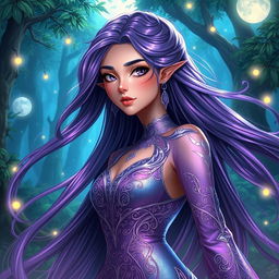 A stunning digital illustration of Lajehi, a gorgeous female character, with long flowing hair that glistens like the night sky