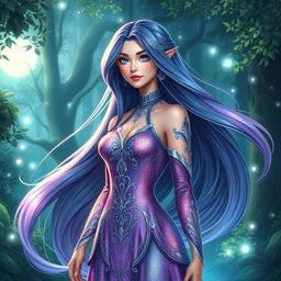 A stunning digital illustration of Lajehi, a gorgeous female character, with long flowing hair that glistens like the night sky