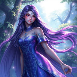 A stunning digital illustration of Lajehi, a gorgeous female character, with long flowing hair that glistens like the night sky