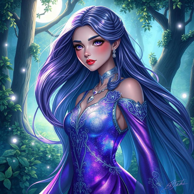 A stunning digital illustration of Lajehi, a gorgeous female character, with long flowing hair that glistens like the night sky