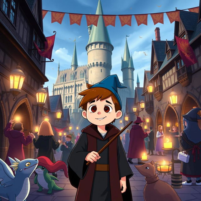 Dipper Pines, a young boy with short brown hair and a blue hat, wearing a Gryffindor robe and holding a wand, standing in the bustling Hogwarts courtyard during the day, surrounded by magical creatures and students in wizarding attire