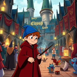 Dipper Pines, a young boy with short brown hair and a blue hat, wearing a Gryffindor robe and holding a wand, standing in the bustling Hogwarts courtyard during the day, surrounded by magical creatures and students in wizarding attire