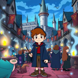 Dipper Pines, a young boy with short brown hair and a blue hat, wearing a Gryffindor robe and holding a wand, standing in the bustling Hogwarts courtyard during the day, surrounded by magical creatures and students in wizarding attire