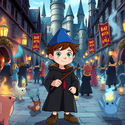 Dipper Pines, a young boy with short brown hair and a blue hat, wearing a Gryffindor robe and holding a wand, standing in the bustling Hogwarts courtyard during the day, surrounded by magical creatures and students in wizarding attire