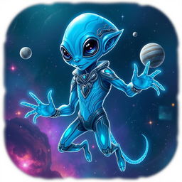 A futuristic character named Zibakerdar, an alien with glowing blue skin and intricate silver patterns, wearing a sleek high-tech suit adorned with holographic elements