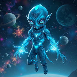 A futuristic character named Zibakerdar, an alien with glowing blue skin and intricate silver patterns, wearing a sleek high-tech suit adorned with holographic elements