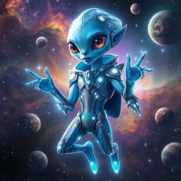 A futuristic character named Zibakerdar, an alien with glowing blue skin and intricate silver patterns, wearing a sleek high-tech suit adorned with holographic elements