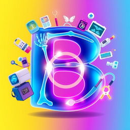 A vibrant and creative depiction of the letter 'B' illustrated in an X-ray style, displaying intricate bone structures and eye-catching highlights