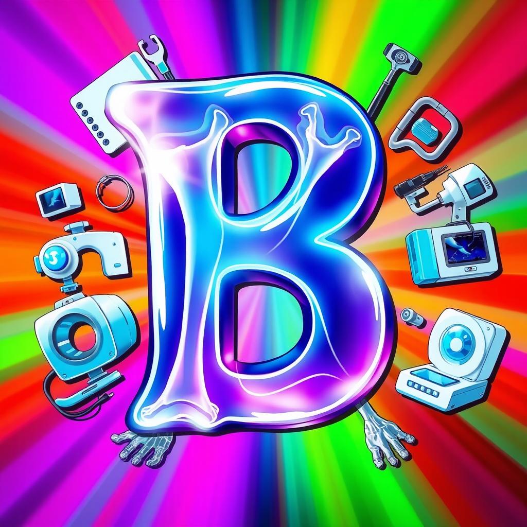 A vibrant and visually engaging illustration of the letter 'B' depicted in an X-ray style, revealing intricate bone structures and highlights that create a striking contrast