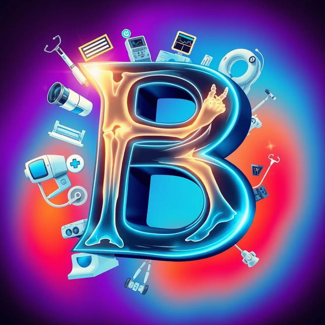 A vibrant and visually engaging illustration of the letter 'B' depicted in an X-ray style, revealing intricate bone structures and highlights that create a striking contrast