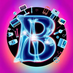 A vibrant and visually engaging illustration of the letter 'B' depicted in an X-ray style, revealing intricate bone structures and highlights that create a striking contrast