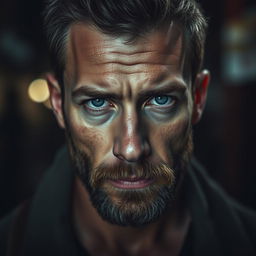 A captivating portrait of a ruggedly handsome man with striking blue eyes that reflect a deep sense of anguish and depth