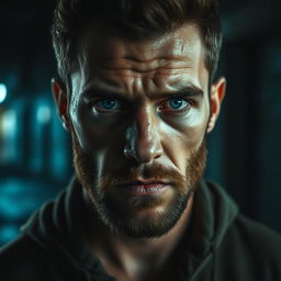 A captivating portrait of a ruggedly handsome man with striking blue eyes that reflect a deep sense of anguish and depth