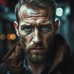A captivating portrait of a ruggedly handsome man with striking blue eyes that reflect a deep sense of anguish and depth