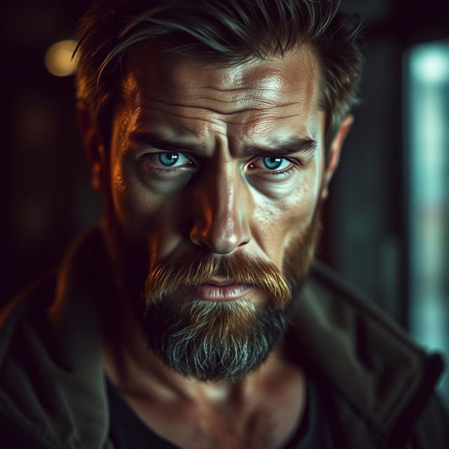 A captivating portrait of a ruggedly handsome man with striking blue eyes that reflect a deep sense of anguish and depth