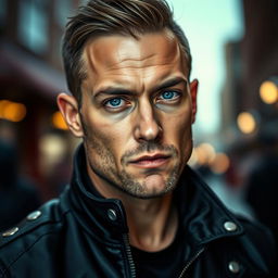 A striking portrait of a man with piercing blue eyes, exuding confidence and charisma