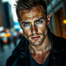 A striking portrait of a man with piercing blue eyes, exuding confidence and charisma