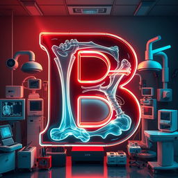 A cinematic-style illustration of the letter 'B' displayed in an X-ray mode, revealing complex bone structures with striking highlights and shadows