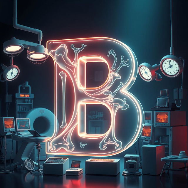 A cinematic-style illustration of the letter 'B' displayed in an X-ray mode, revealing complex bone structures with striking highlights and shadows