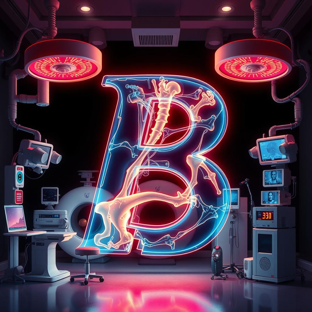 A cinematic-style illustration of the letter 'B' displayed in an X-ray mode, revealing complex bone structures with striking highlights and shadows