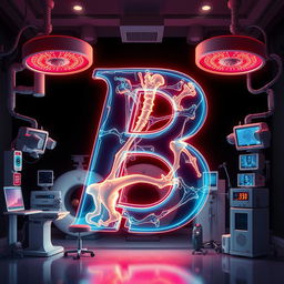 A cinematic-style illustration of the letter 'B' displayed in an X-ray mode, revealing complex bone structures with striking highlights and shadows