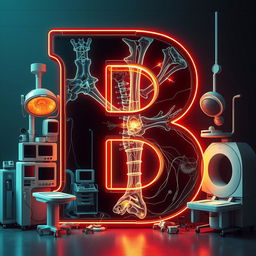 A cinematic-style illustration of the letter 'B' displayed in an X-ray mode, revealing complex bone structures with striking highlights and shadows