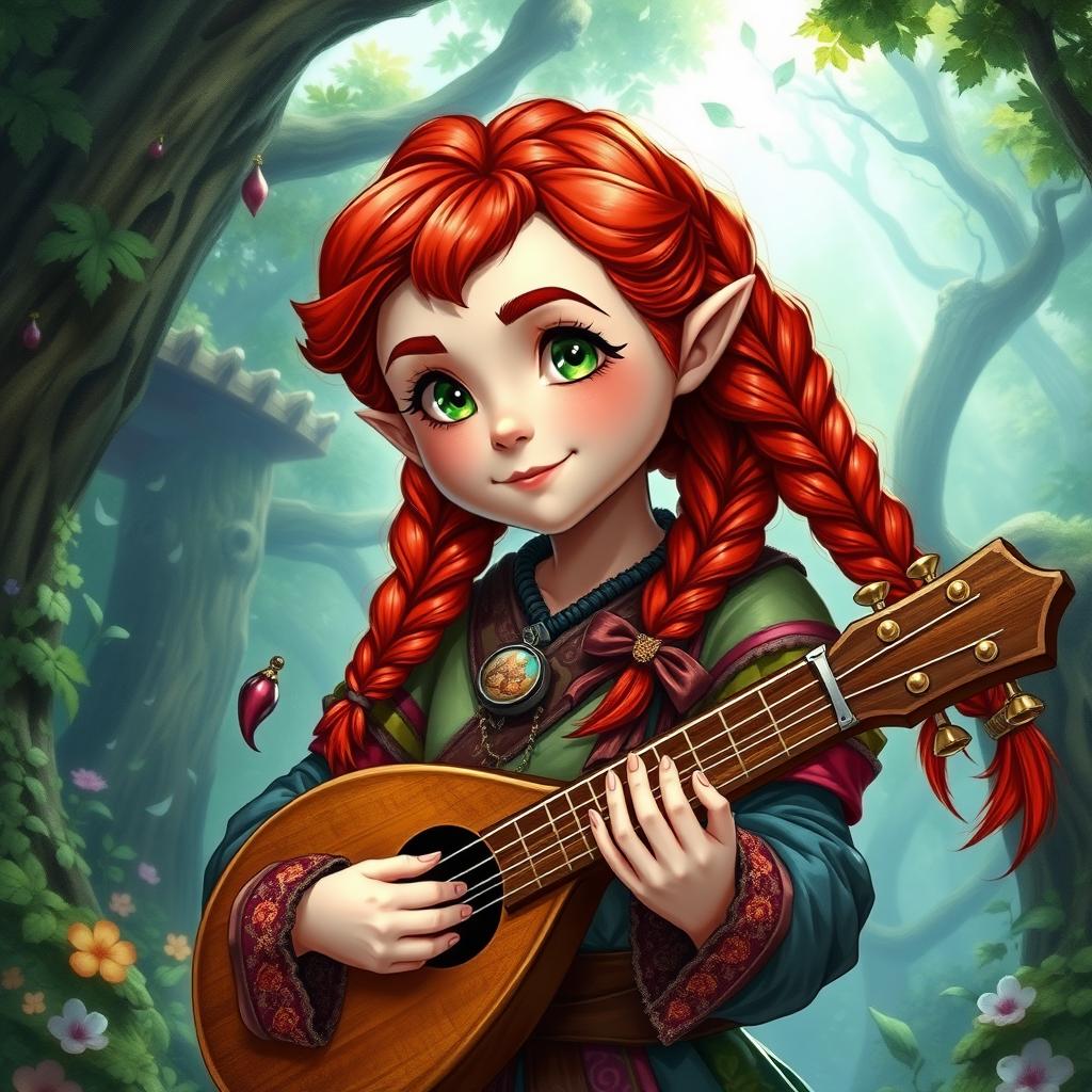 A charming and adventurous female halfling bard from Dungeons and Dragons, featuring striking red hair styled in intricate braids