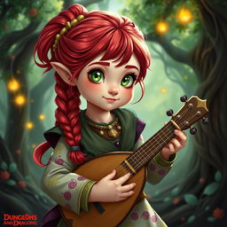 A charming and adventurous female halfling bard from Dungeons and Dragons, featuring striking red hair styled in intricate braids