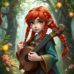 A charming and adventurous female halfling bard from Dungeons and Dragons, featuring striking red hair styled in intricate braids