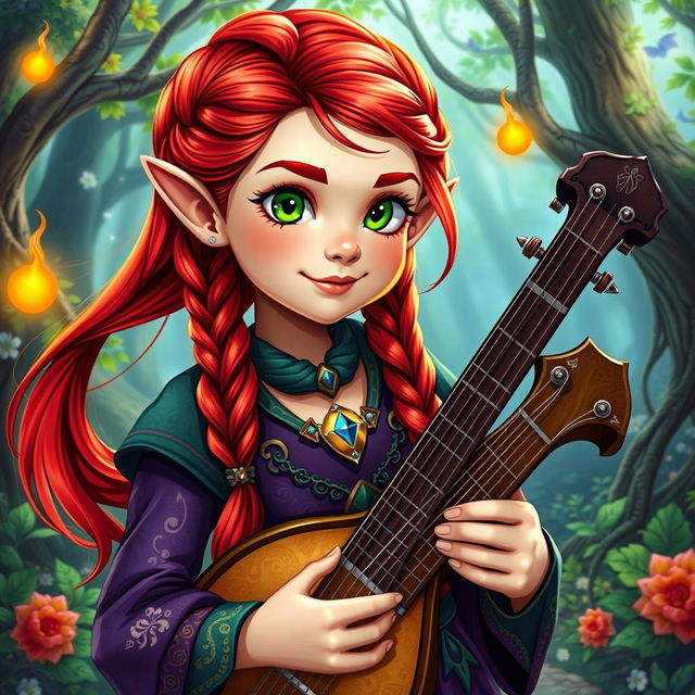 A charming and adventurous female halfling bard from Dungeons and Dragons, featuring striking red hair styled in intricate braids