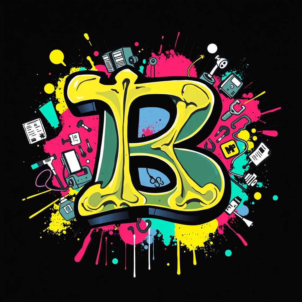 A graffiti-style illustration of the letter 'B' depicted in an X-ray mode, showcasing intricate bone structures with bold outlines and a vibrant color palette