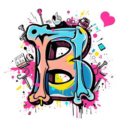 A graffiti-style illustration of the letter 'B' depicted in an X-ray mode, showcasing intricate bone structures with bold outlines and a vibrant color palette