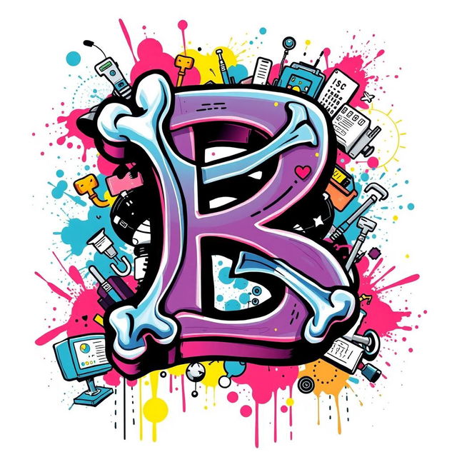 A graffiti-style illustration of the letter 'B' depicted in an X-ray mode, showcasing intricate bone structures with bold outlines and a vibrant color palette