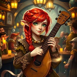 A spirited female halfling bard from Dungeons and Dragons, showcasing striking red hair styled in a beautiful braid