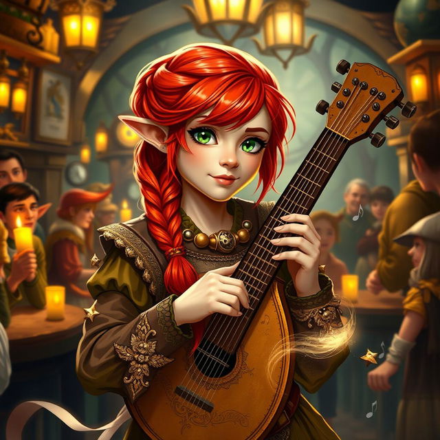 A spirited female halfling bard from Dungeons and Dragons, showcasing striking red hair styled in a beautiful braid