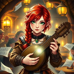 A spirited female halfling bard from Dungeons and Dragons, showcasing striking red hair styled in a beautiful braid