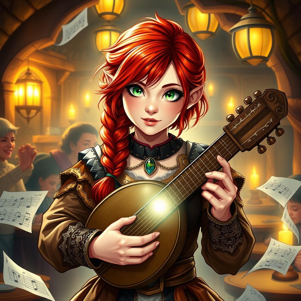 A spirited female halfling bard from Dungeons and Dragons, showcasing striking red hair styled in a beautiful braid