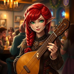 A spirited female halfling bard from Dungeons and Dragons, showcasing striking red hair styled in a beautiful braid