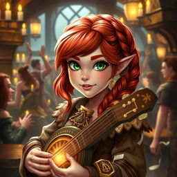 A spirited female halfling bard from Dungeons and Dragons, showcasing striking red hair styled in a beautiful braid