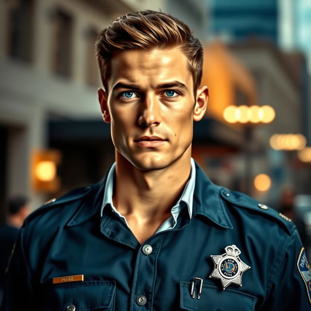 A handsome male police officer with striking blue eyes, wearing a well-fitted police uniform that accentuates his physique