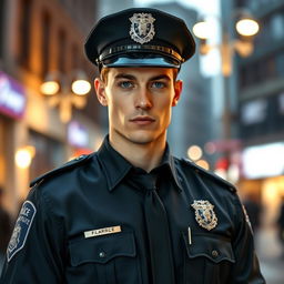 A handsome male police officer with striking blue eyes, wearing a well-fitted police uniform that accentuates his physique