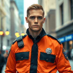 A handsome male police officer with striking blue eyes, wearing a well-fitted police uniform that accentuates his physique
