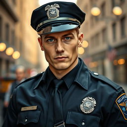 A handsome male police officer with striking blue eyes, wearing a well-fitted police uniform that accentuates his physique