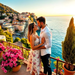 A romantic couple portrait in Italy, set against the stunning backdrop of the Amalfi Coast