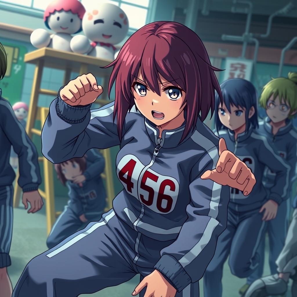 An imaginative crossover scene featuring Shizuku from Hunter x Hunter, engaging in a tense moment within the aesthetic of the Squid Game