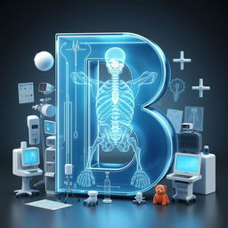 A striking 3D illustration of the letter 'B' rendered in X-ray mode, showcasing detailed internal structures and translucent effects that highlight the bones within