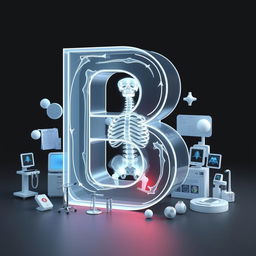 A striking 3D illustration of the letter 'B' rendered in X-ray mode, showcasing detailed internal structures and translucent effects that highlight the bones within