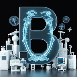 A striking 3D illustration of the letter 'B' rendered in X-ray mode, showcasing detailed internal structures and translucent effects that highlight the bones within