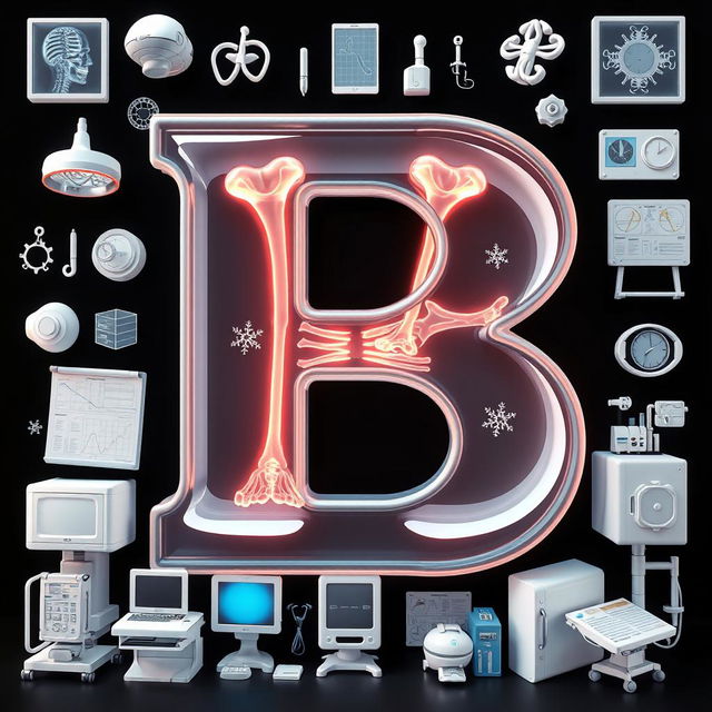 A striking 3D illustration of the letter 'B' rendered in X-ray mode, showcasing detailed internal structures and translucent effects that highlight the bones within